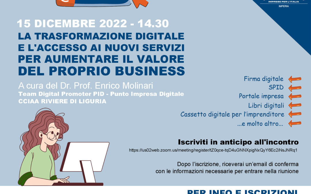Servizi digitali per le imprese:  webinar gratuito il 15 dicembre. Iniziativa di Confcommercio Imperia con la partecipazione della CCIAA Riviere di Liguria